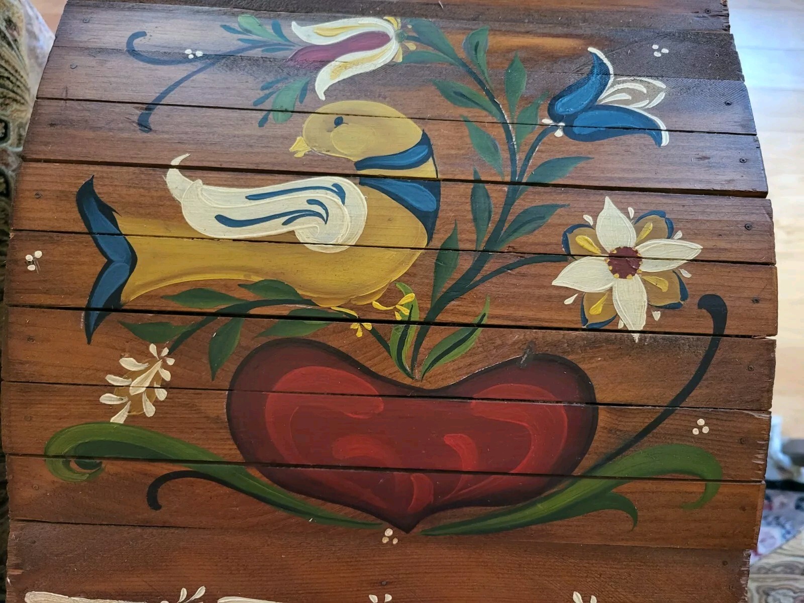 Vtg Folk Art Wooden Hand Painted Treasure Chest Box Trunk /Bird Heart OOAK JT