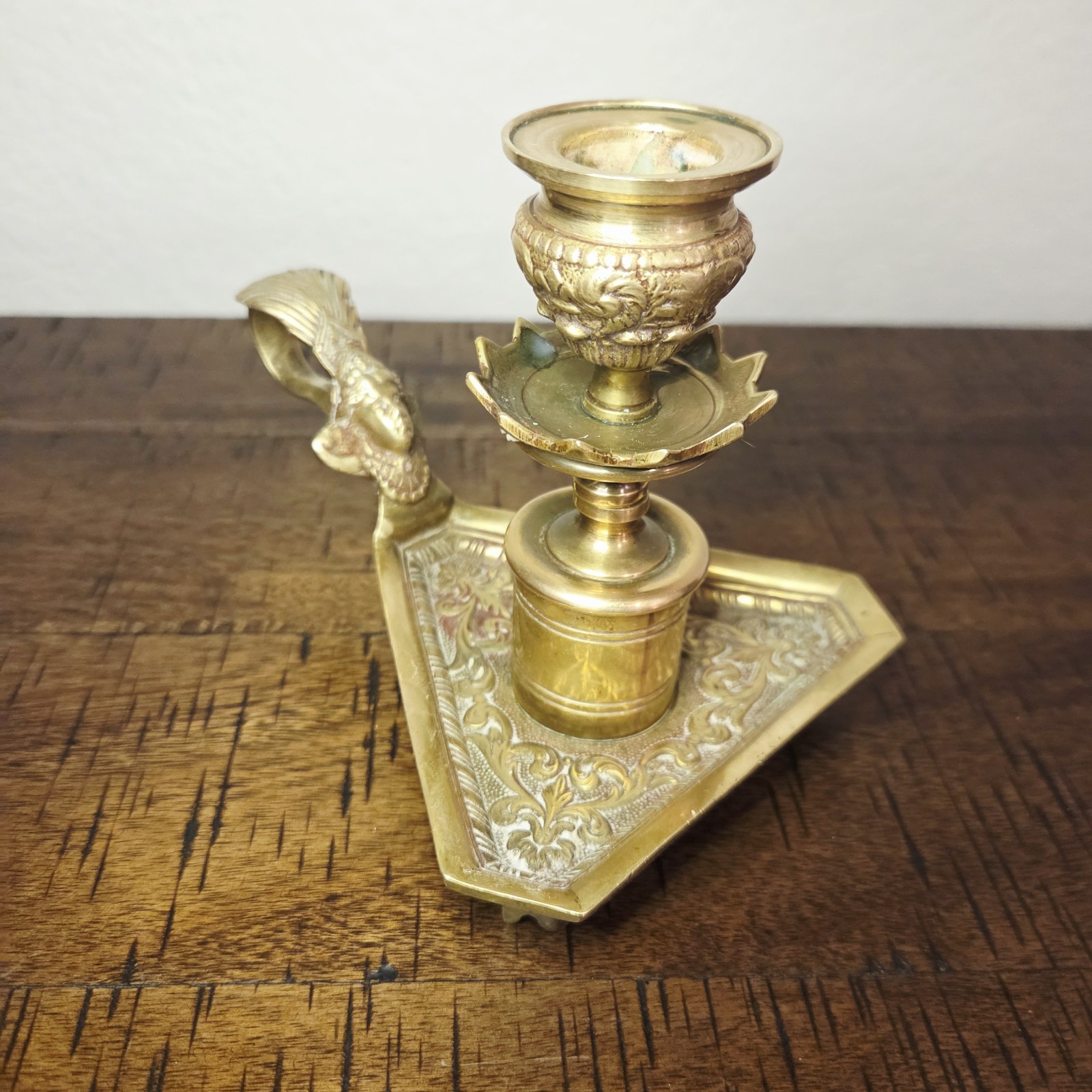 Vintage Art Nouveau Revival Brass Candlestick Triangular Woman Face