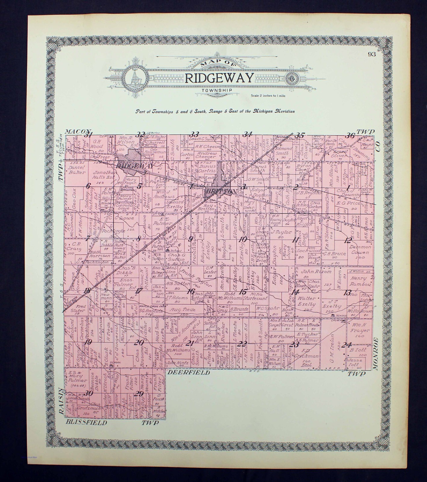 1916 Plat Map Ridgeway Township Lenawee County Michigan Britton