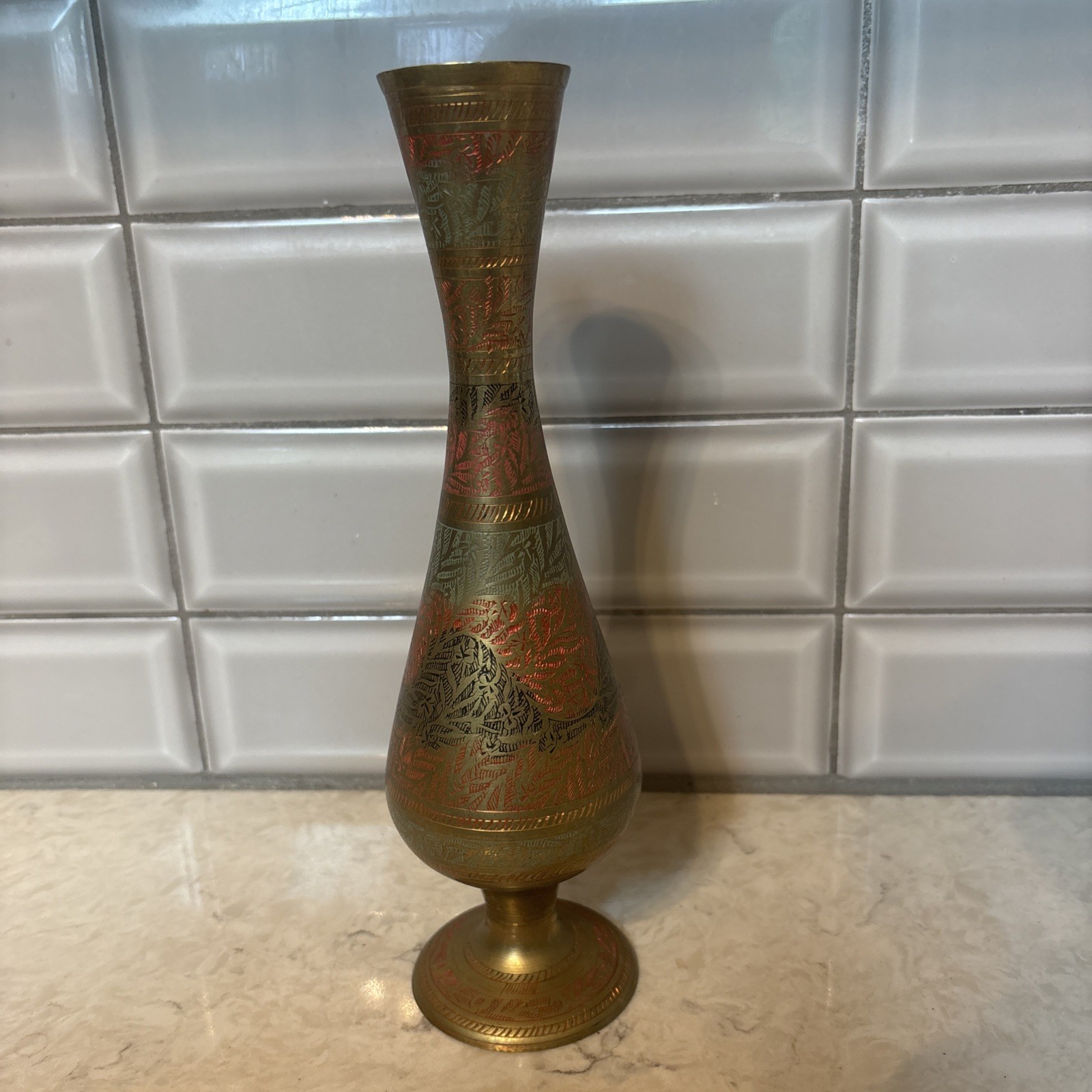 Vnt Antique Brass Vase Indian Engraved Brass Vase Inlay With Red Flower Etching