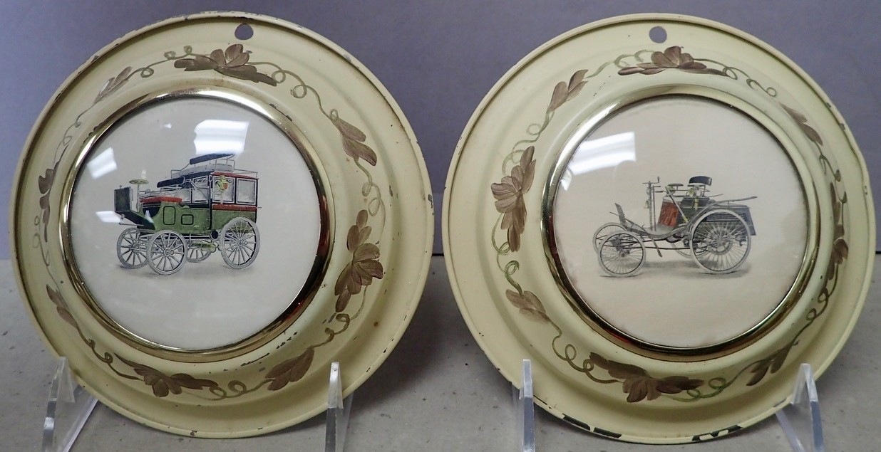 (2) Vintage Wall Plaques Bubble Glass w/ Tin Frame Antique Carriage & Automobile