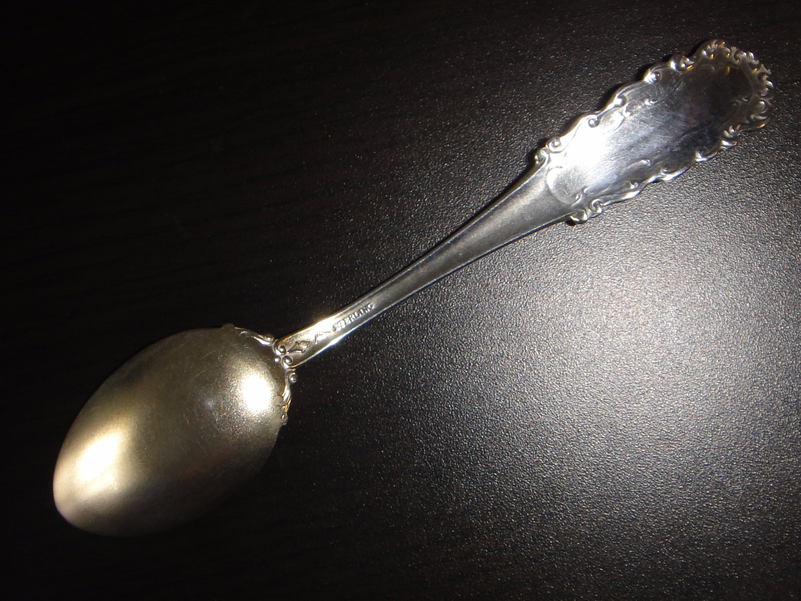 Antique 5″ Sterling Souvenir Spoon Goldwash Bowl with decorative “Chanute Kans”