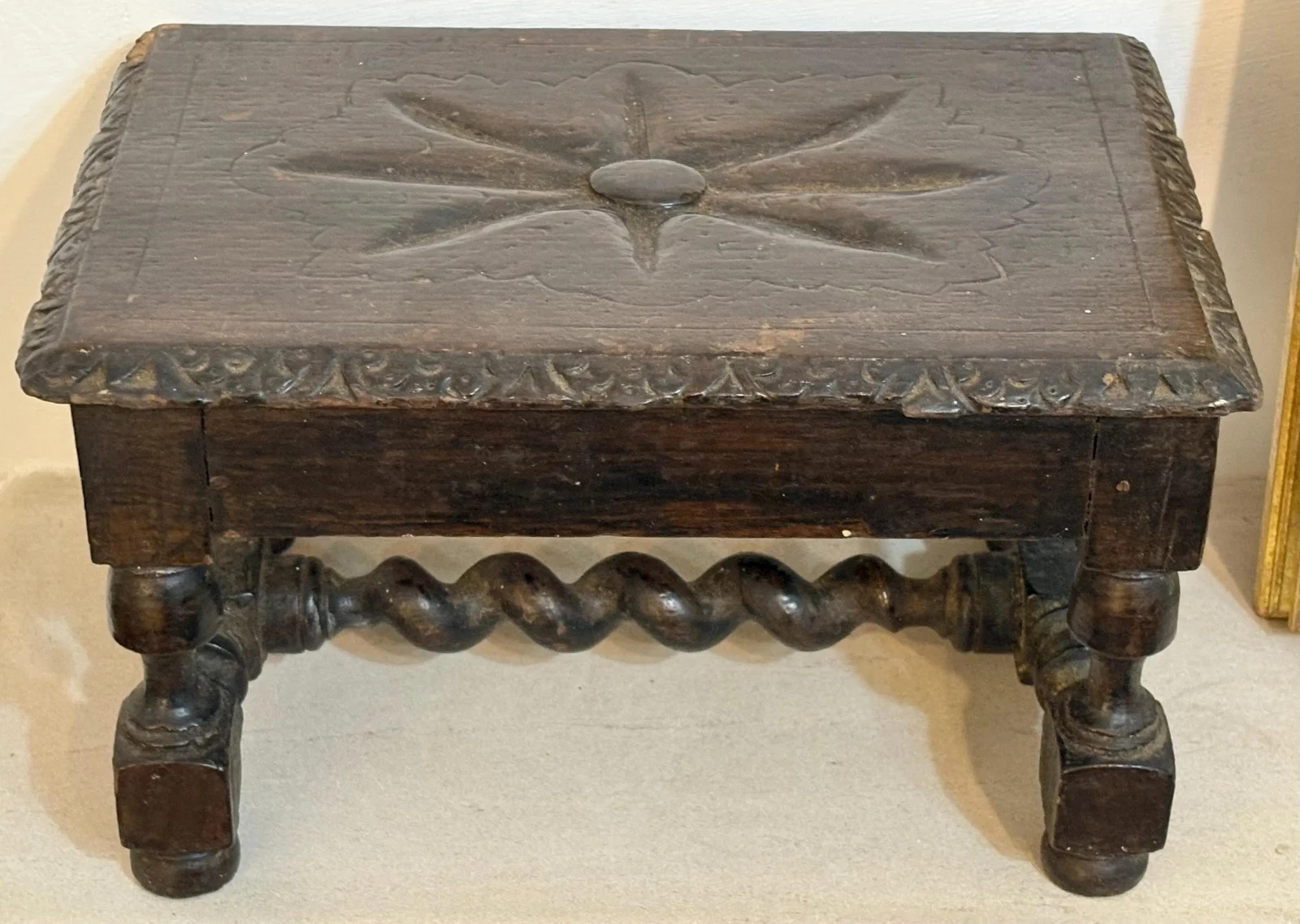 Antique Victorian Oak Apprentice Stool | Carved Jacobean Table