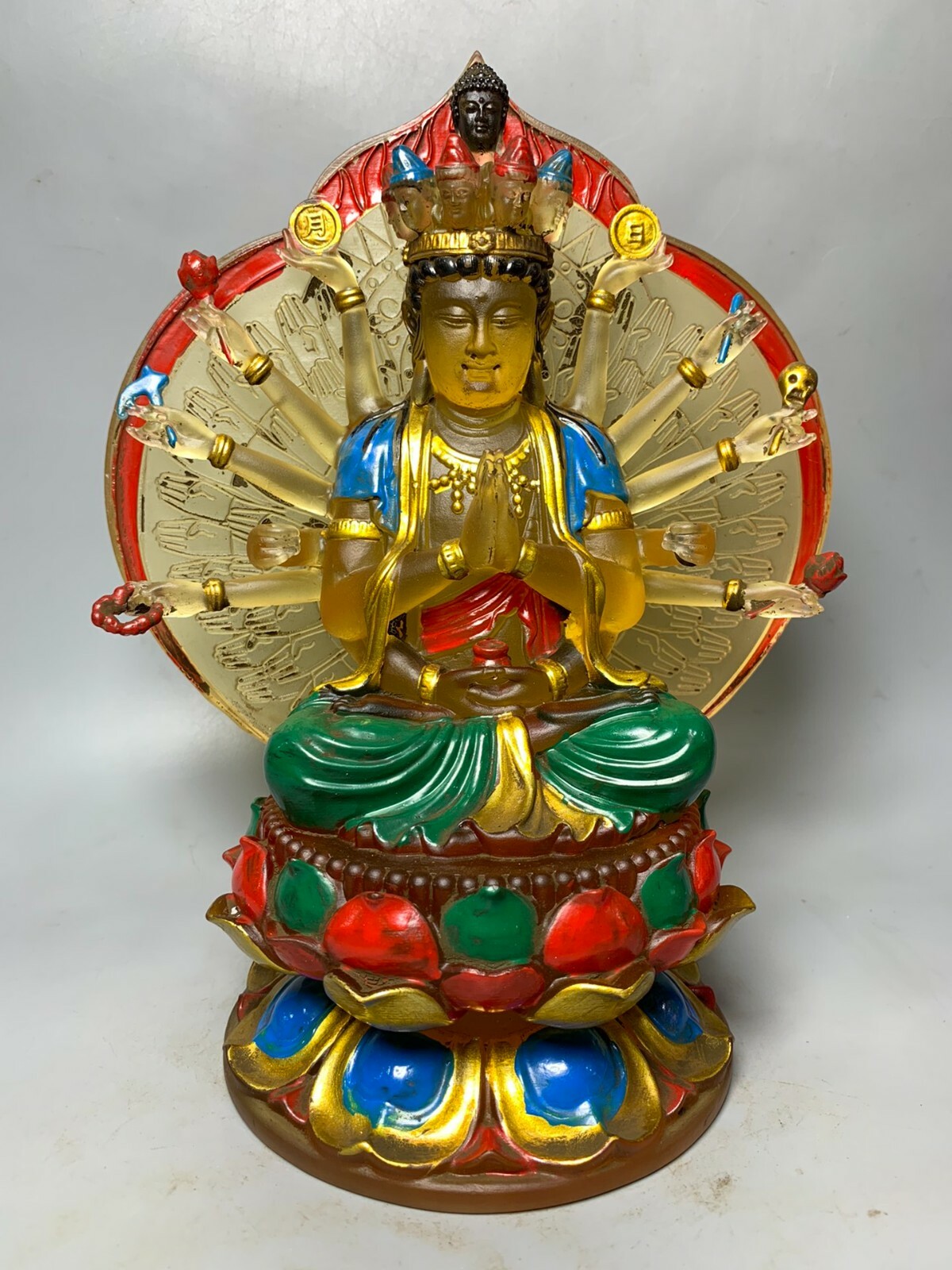 22.5 cm China Coloured glaze Kwan-yin Guanyin Statue Liuli Buddha Statue