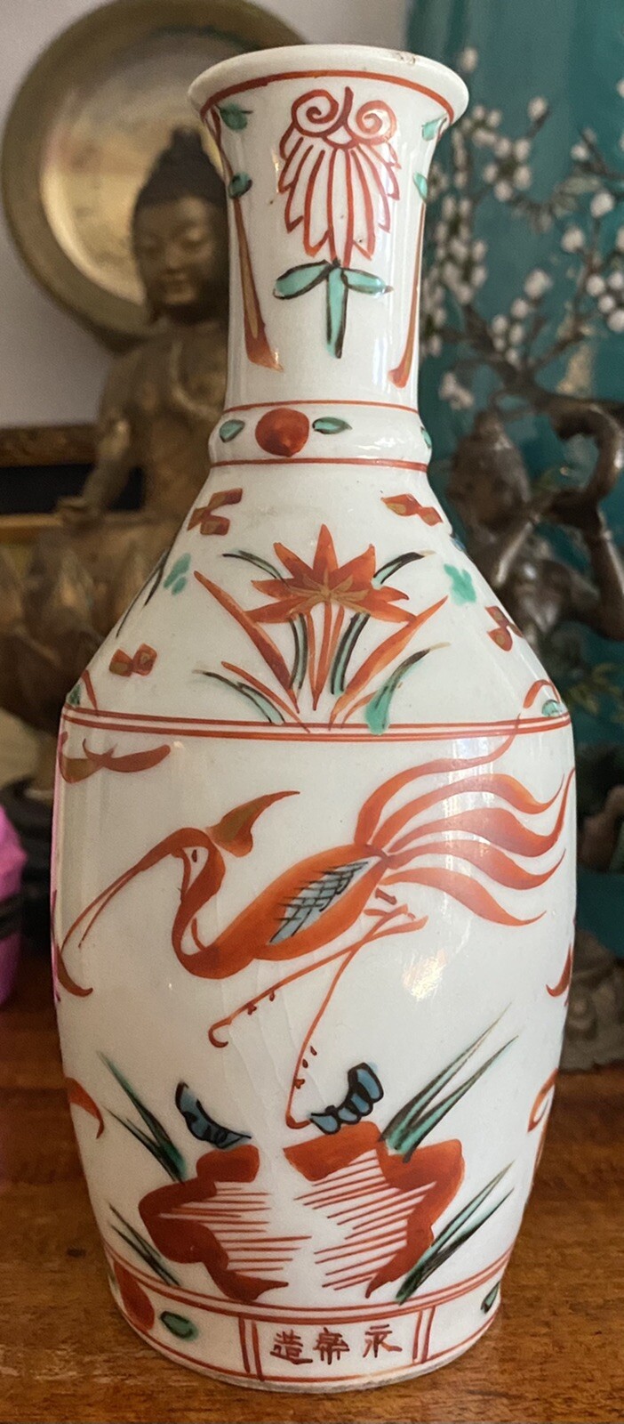 ANTIQUE JAPANESE GILDED IRON-RED AND GREEN ENAMEL CRANES SMALL VASE