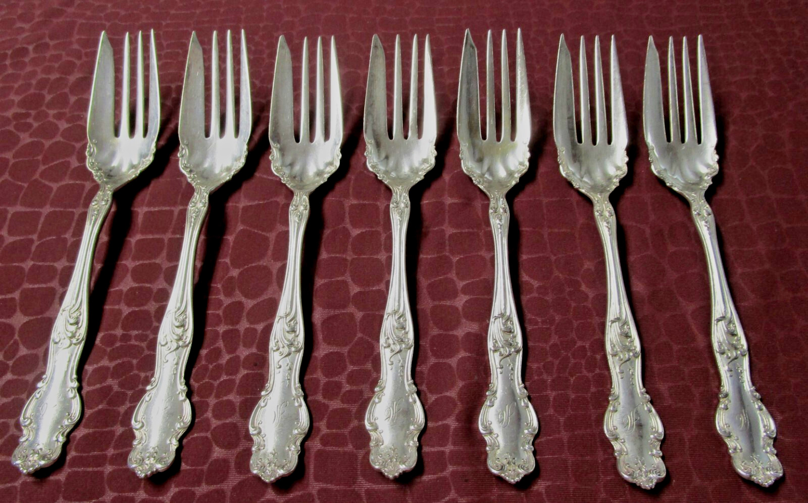 TUDOR 1904 Art Nouveau Silverplate 7 Dessert or Salad Forks AC? Monogram JU