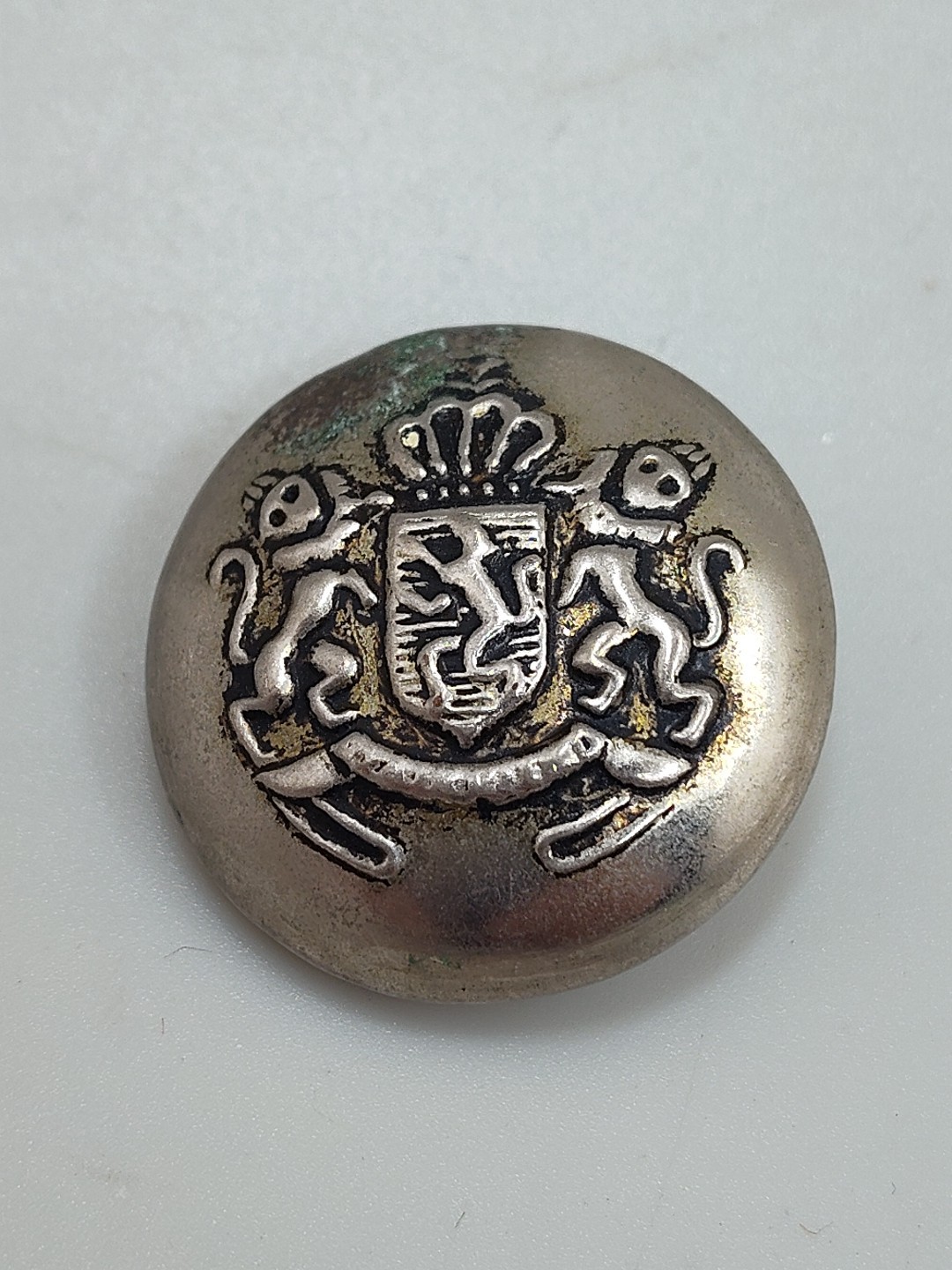 Vintage Antique 23mm 1″D Silver Metal Uniform Lion Crown Shield Crest Button