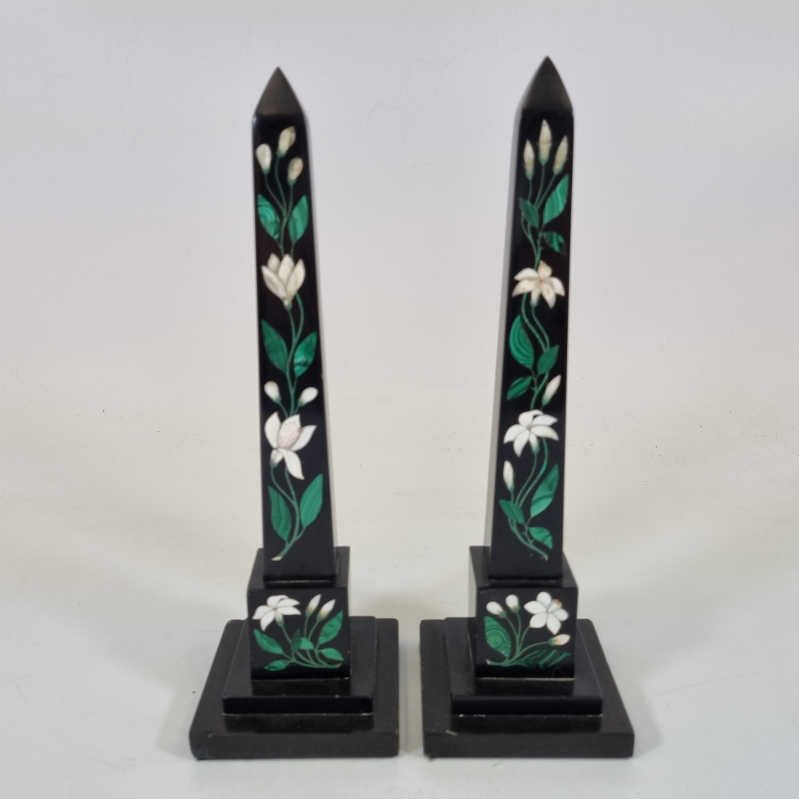 Antique 19thC Pair Ashford Marble Obelisks Lily Of The Valley Flowers 26cm