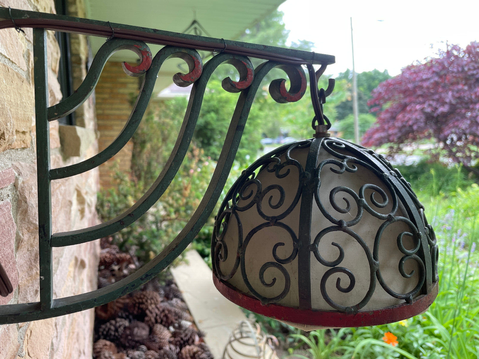 Antique Art Deco Scrolled Iron Wall Mount Hanging Lantern Sconce Light Rare