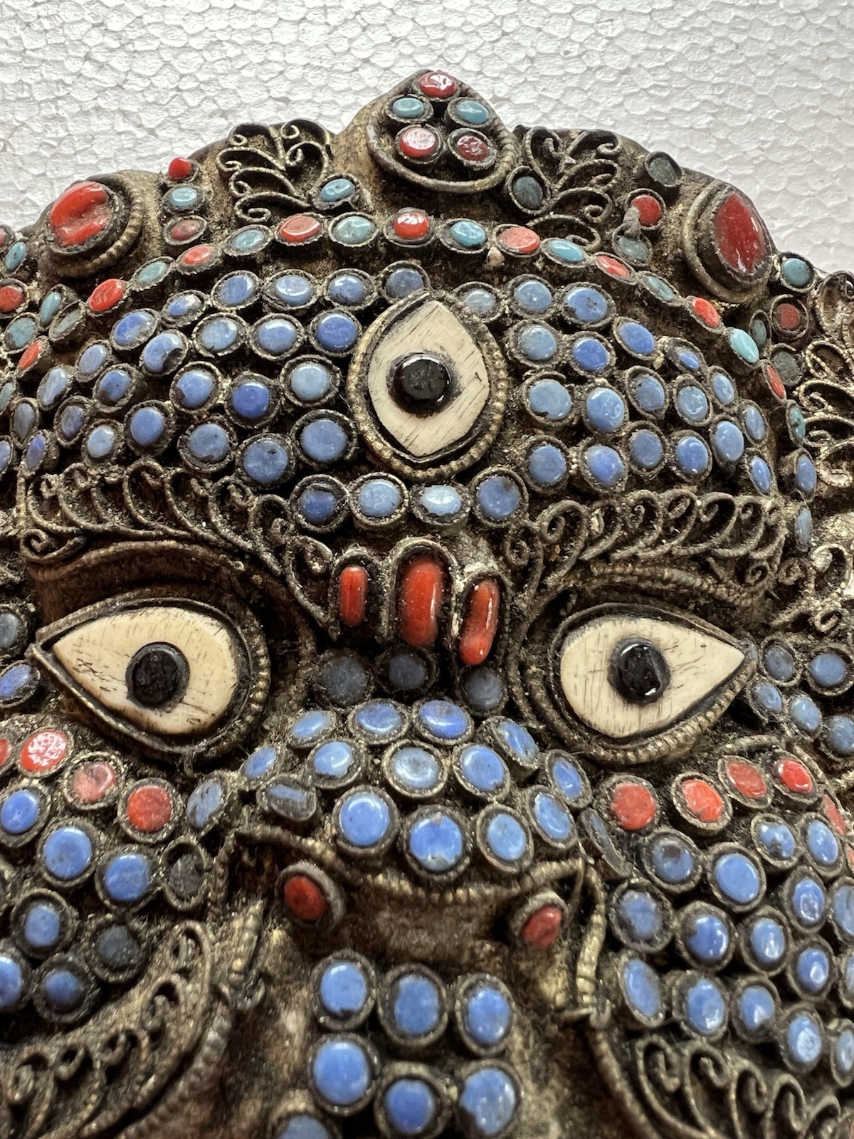 Antique Tibetan Buddhist Brass Inlay Mask of Mahakala, Late 1800s/early 1900s