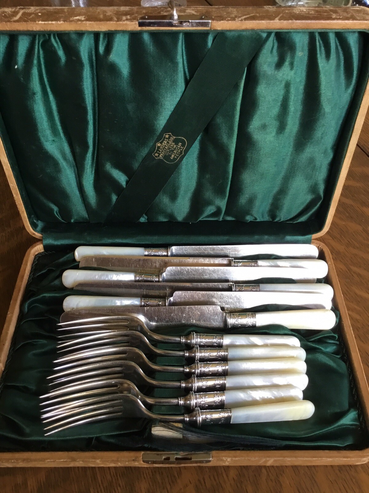 Vintage Flatware Set LANDERS FRARY & CLARK 6 Knives 6 Forks MOP Handles Orig Box