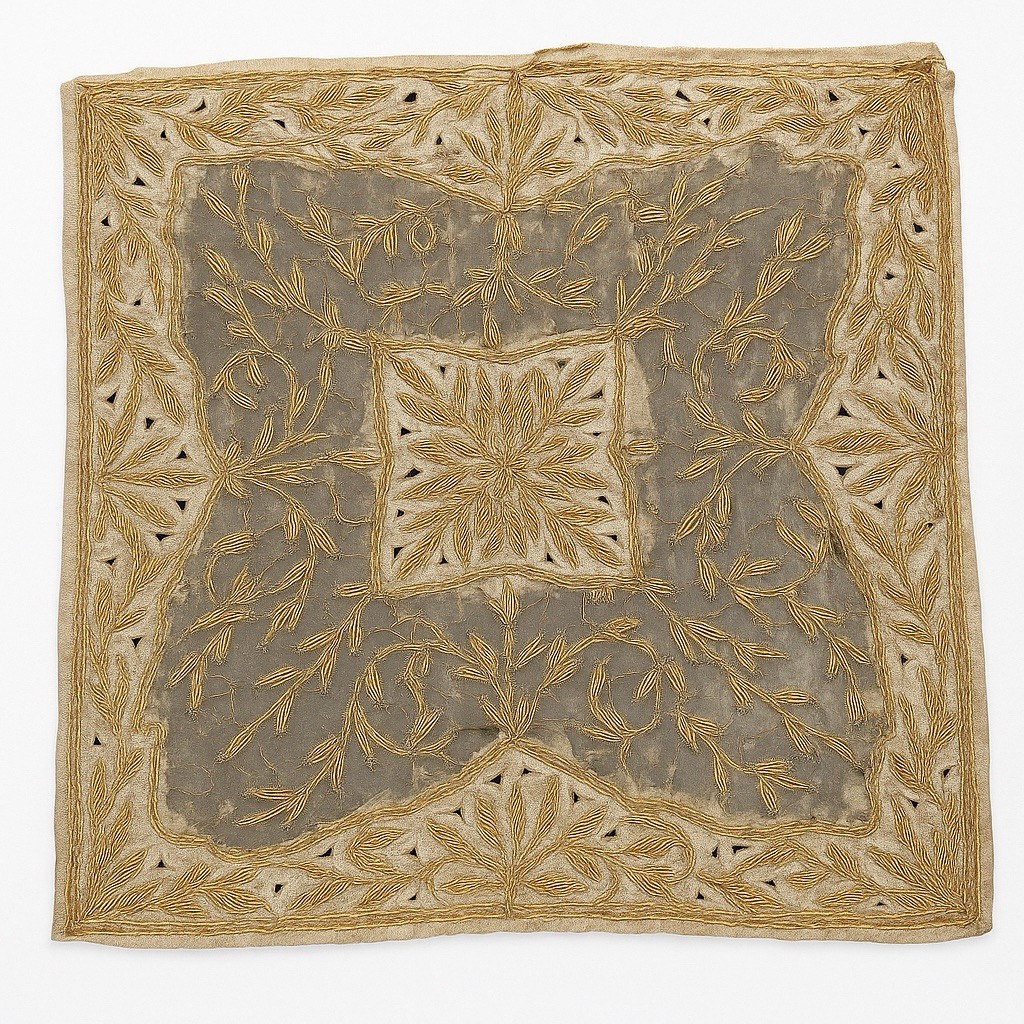 Antique Goldwork Embroidery Textile Panel Zardozi Metallic Thread 16×16 Altar