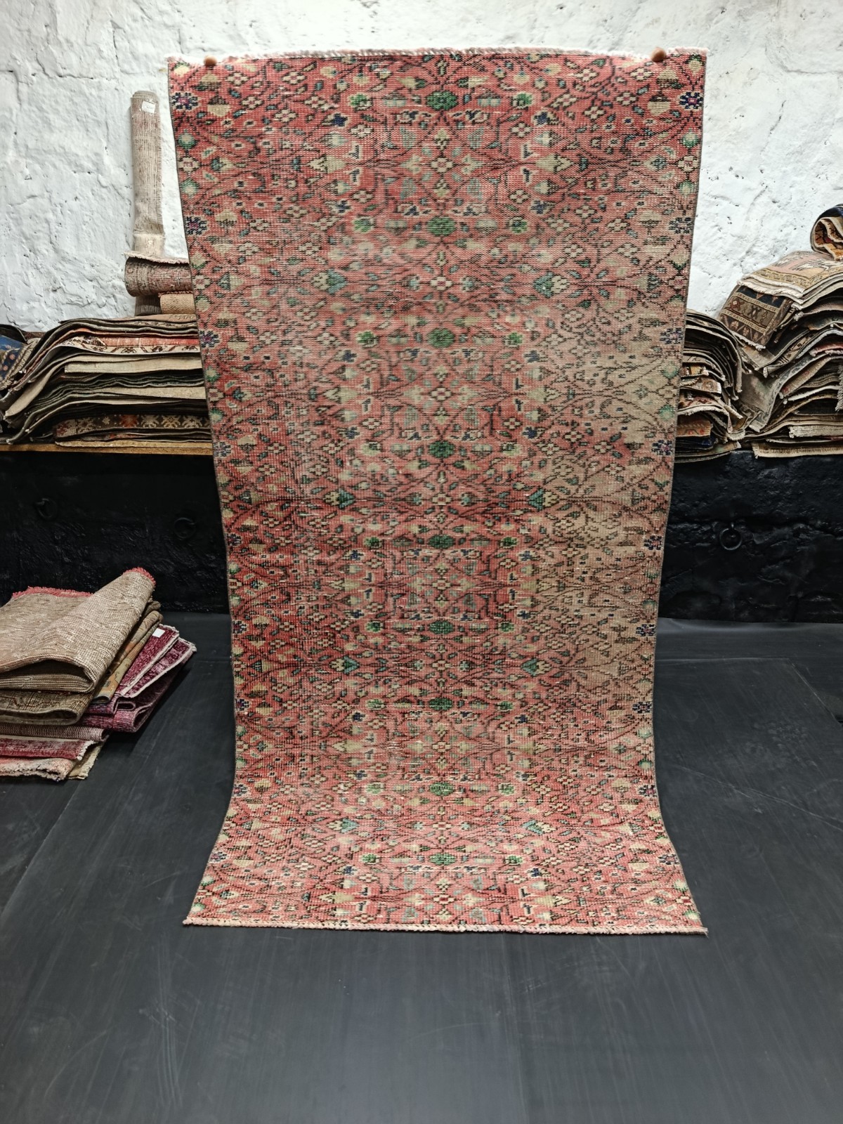 Red Floral Handmade Rug, 3.3×6.4ft, Turkish Vintage Faded Rug, Antique Red Rug,