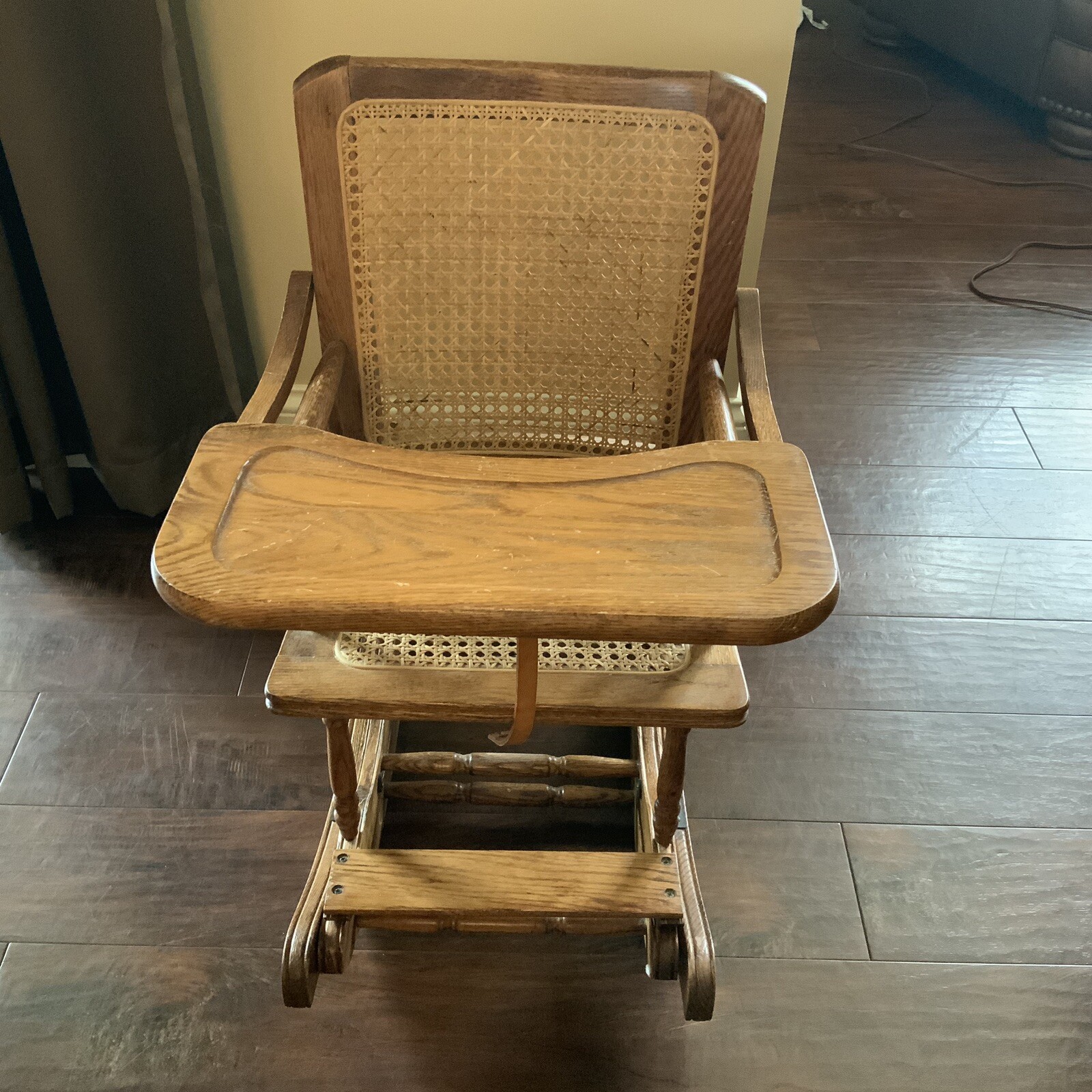 CHILD’S ANTIQUE HIGH CHAIR /ROCKER OAK W/ CANE SEAT -HAND CRANK