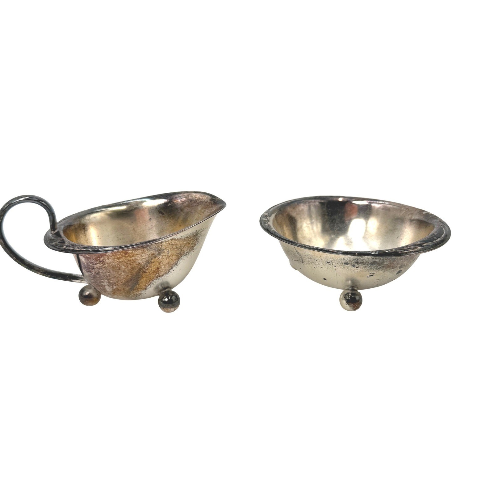 Vintage Silverplate Footed Creamer and Sugar Bowl Set Floral Etched Ball Feet