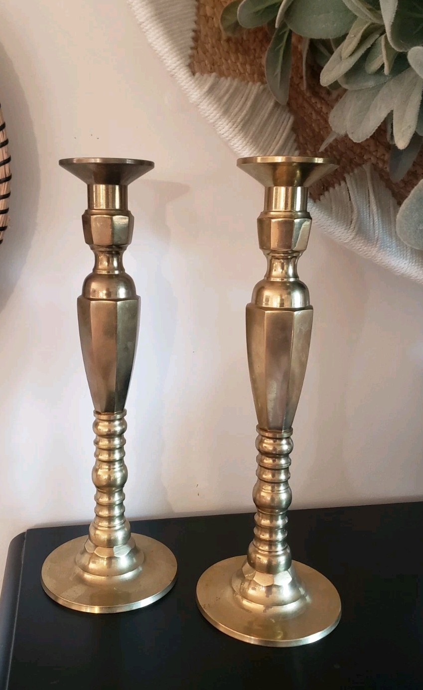 LRG VTG Pair RAYMOR Solid Brass Church Home Altar Candlesticks Candle Holders