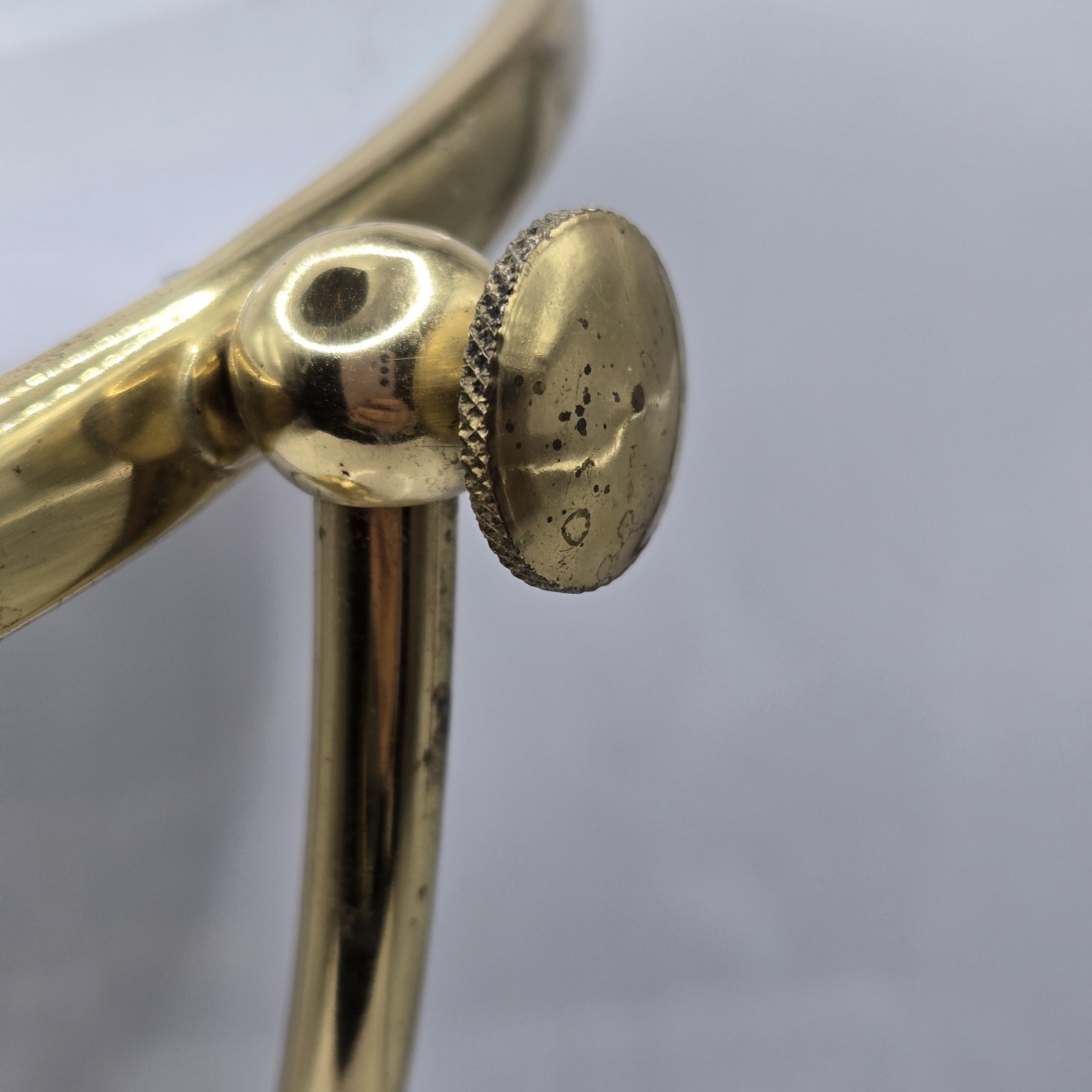 Vintage 1970s Golden Brass Round Vanity Pedestal Double Sided Mirror 13″H 8″W