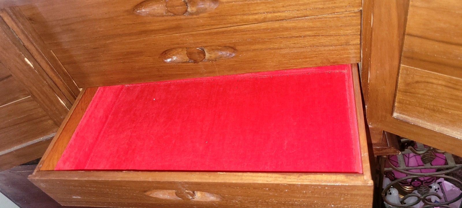 Vintage Asian Secretary Jewelry RARE Box Cabinet Carved Wood Red Velvet Drawers