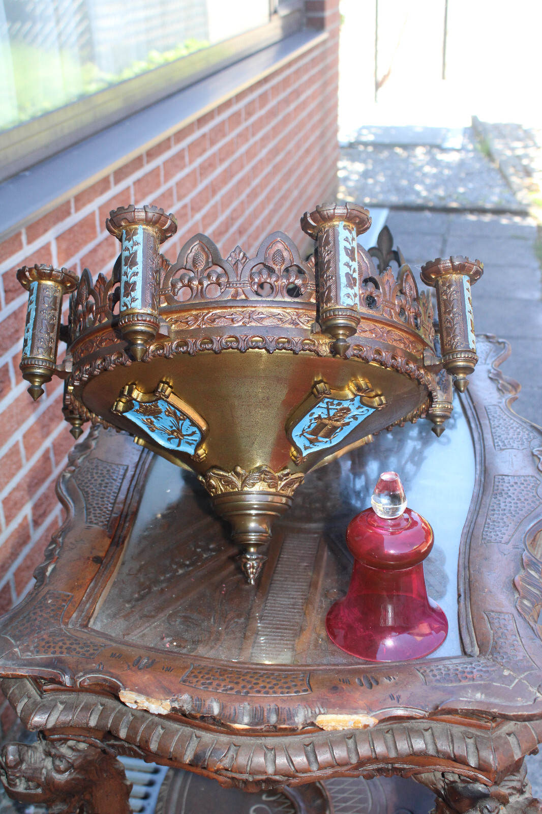 Antique 19thc church sanctuary Enamel Candle chandelier lamp neo-gothic rare