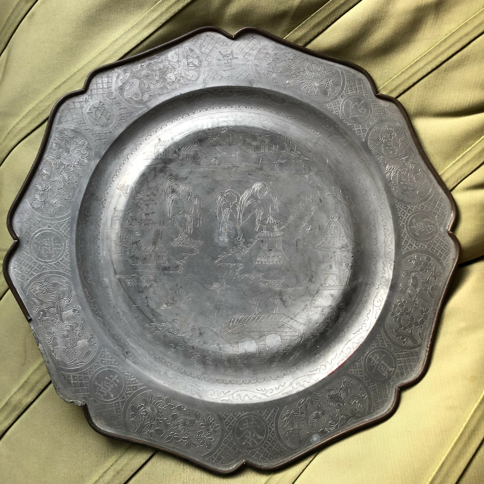 Antique Chinese Pewter Scalloped Rim Plate Willow Pattern Etched Decoration