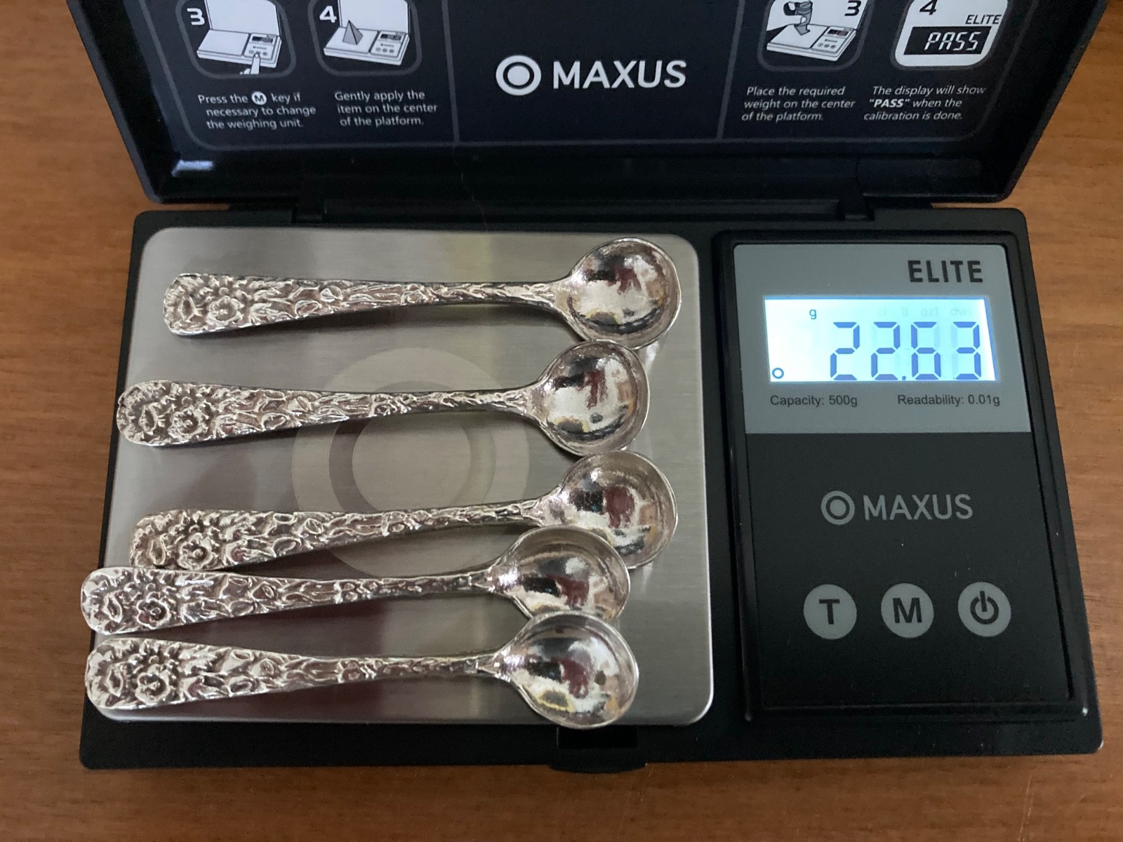 5 Repousse style Individual Sterling Salt Spoons 22.6 g No Maker’s Mark