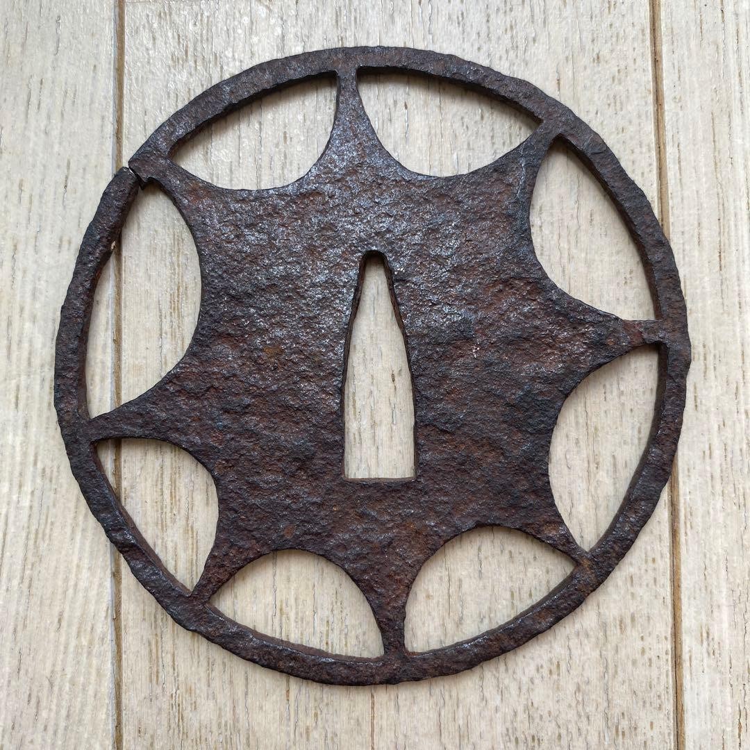 Large Iron Tsuba Genji Wheel Sukashi 8.5cm 79g
