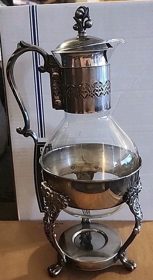 Vintage English Silver Mfg. Corp Silverplate & Glass Carafe & Warming Stand USA