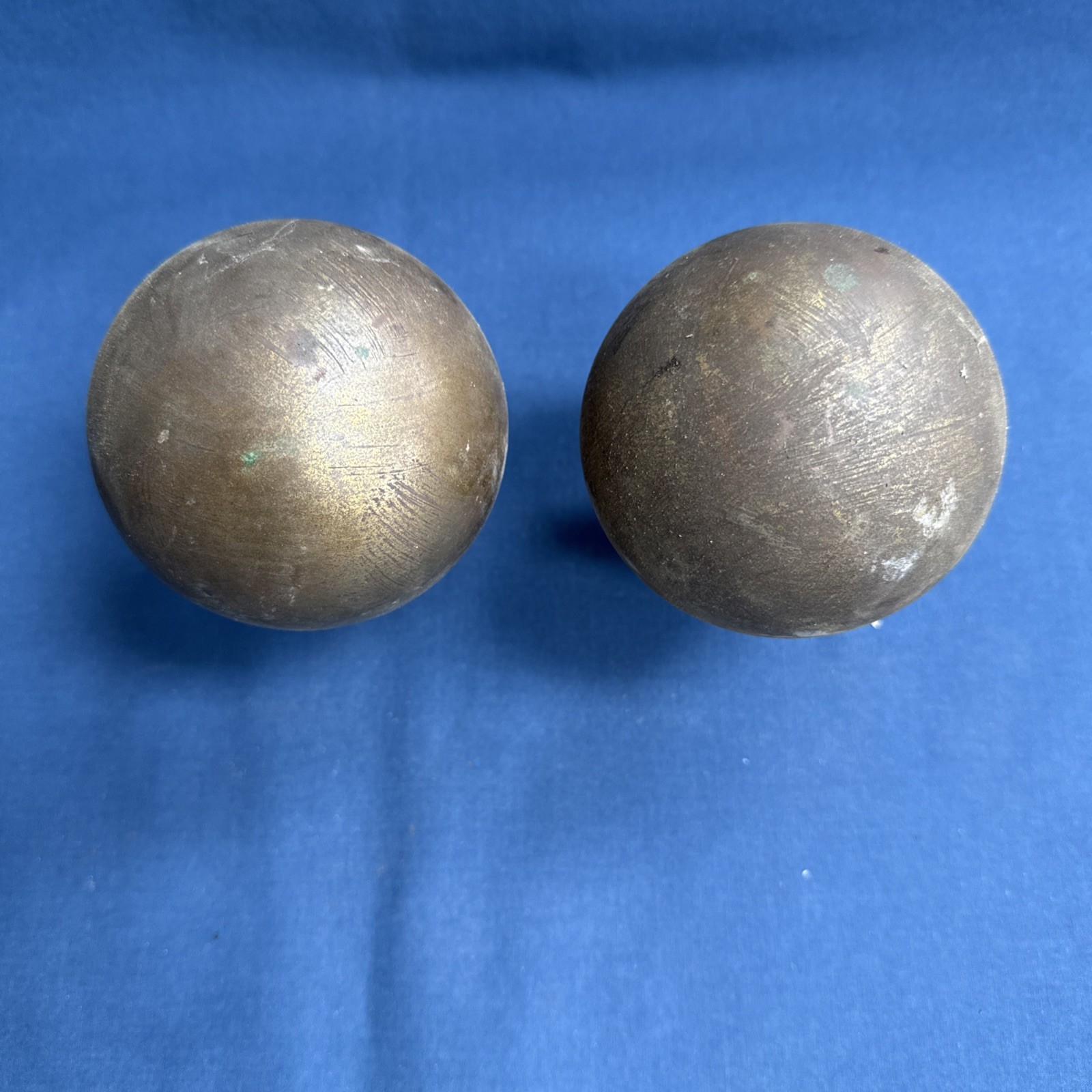 Pair of Vintage Brass Furniture Bed Post Ball Pole Finial Topper Tops Salvaged