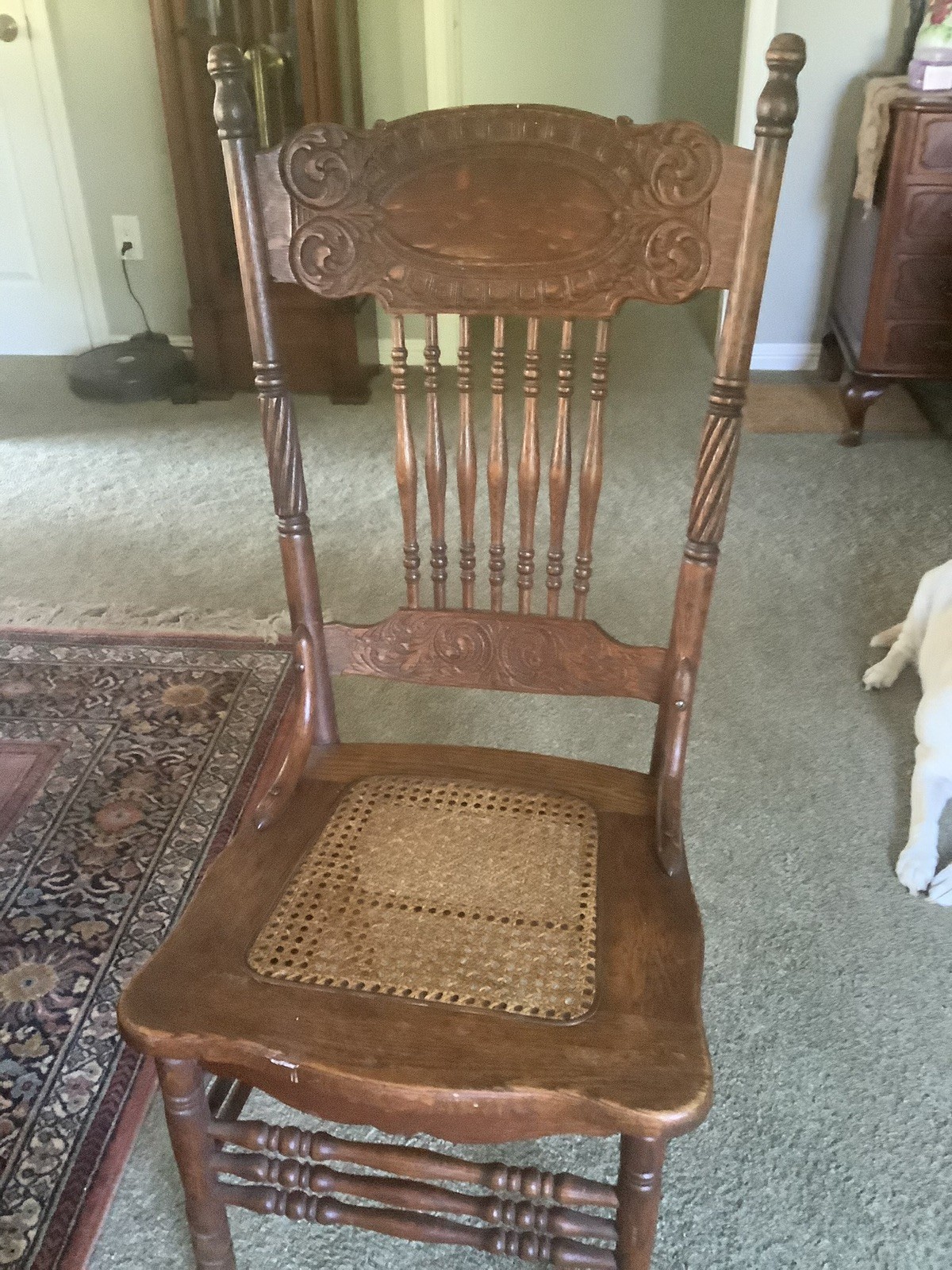 Set of 4 Antique Oak Pressed Back Chairs with Cane Seat beautiful Carved Detail