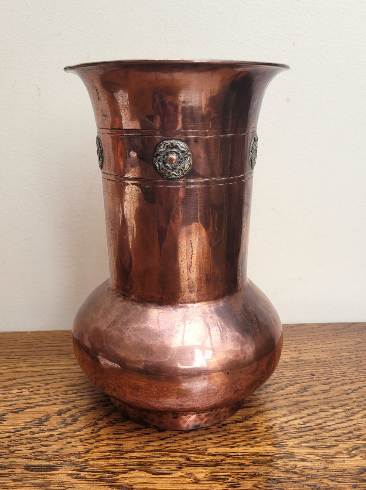 Arts & Crafts A.E Jones Copper Silver Rose Motif Vase c1905 Jesson, Birkett