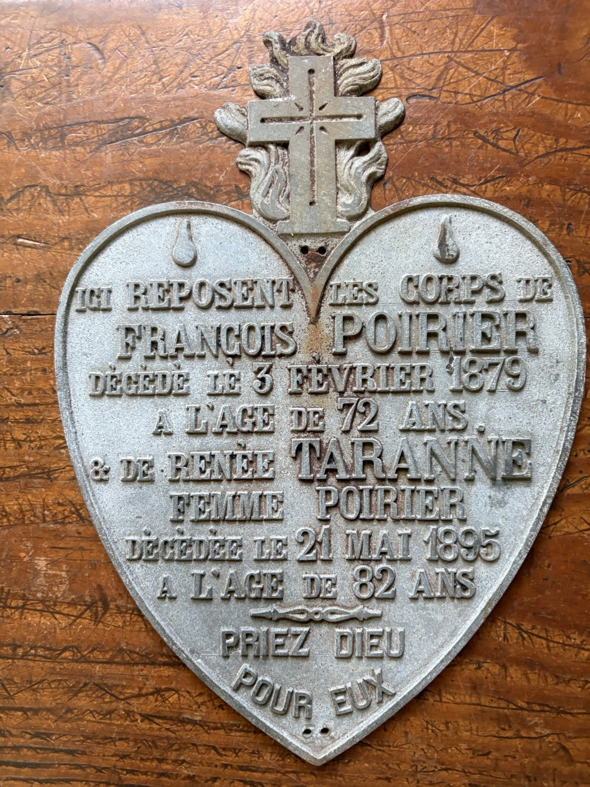 Antique French Heart-Shaped Cast Iron Memorial Plaque for Wife & Husband 1879/95