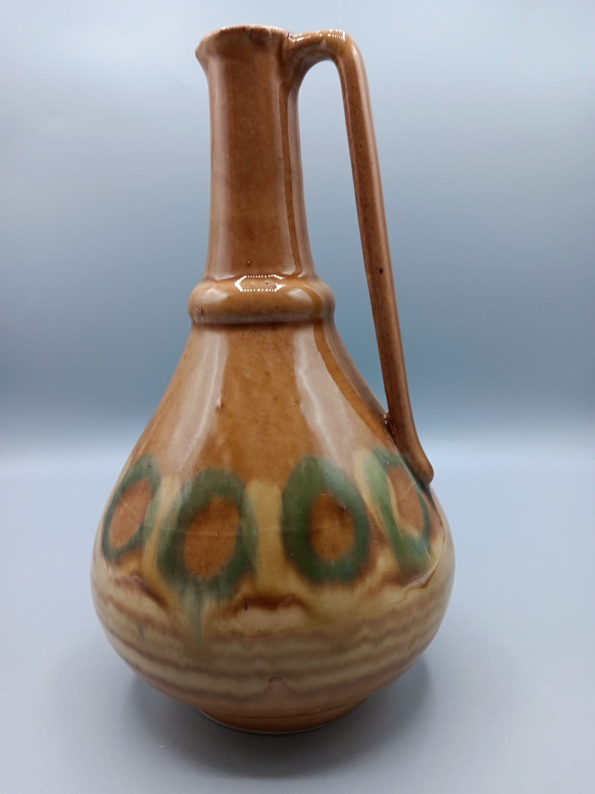 Jug/Pitcher Made In POLAND -Glaze Drip Olive Green/Brown Ceramic – Marked – 9″H