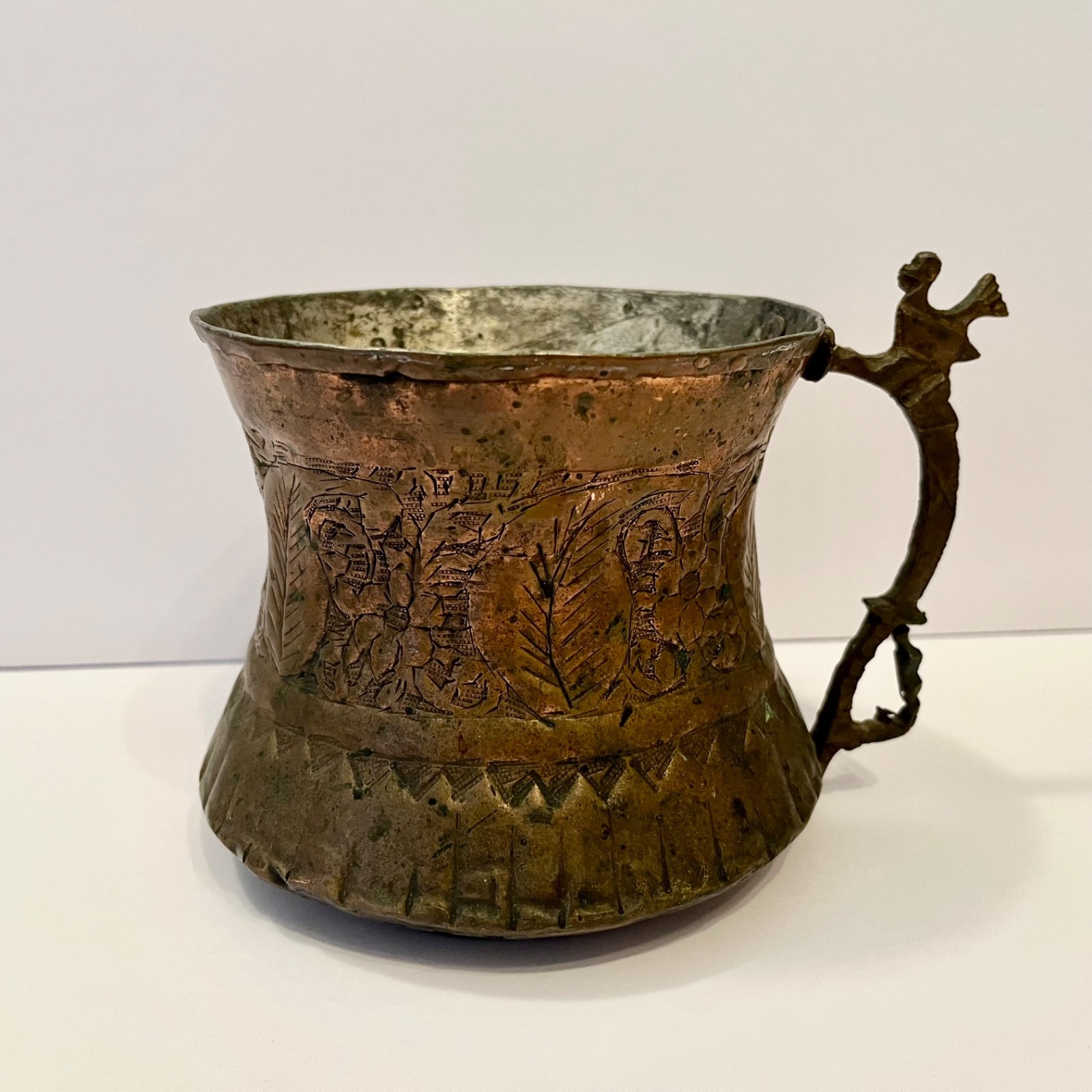 Antique Islamic Copper Mug Tankard Persian Middle Eastern Chicken Hand-Hammered