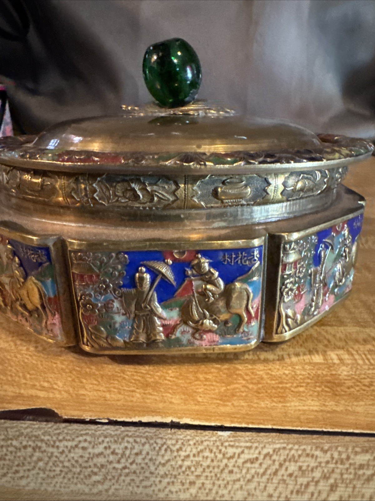 Antique Chinese Brass Tea Caddy. Flowers/Chinese Writing Engraved