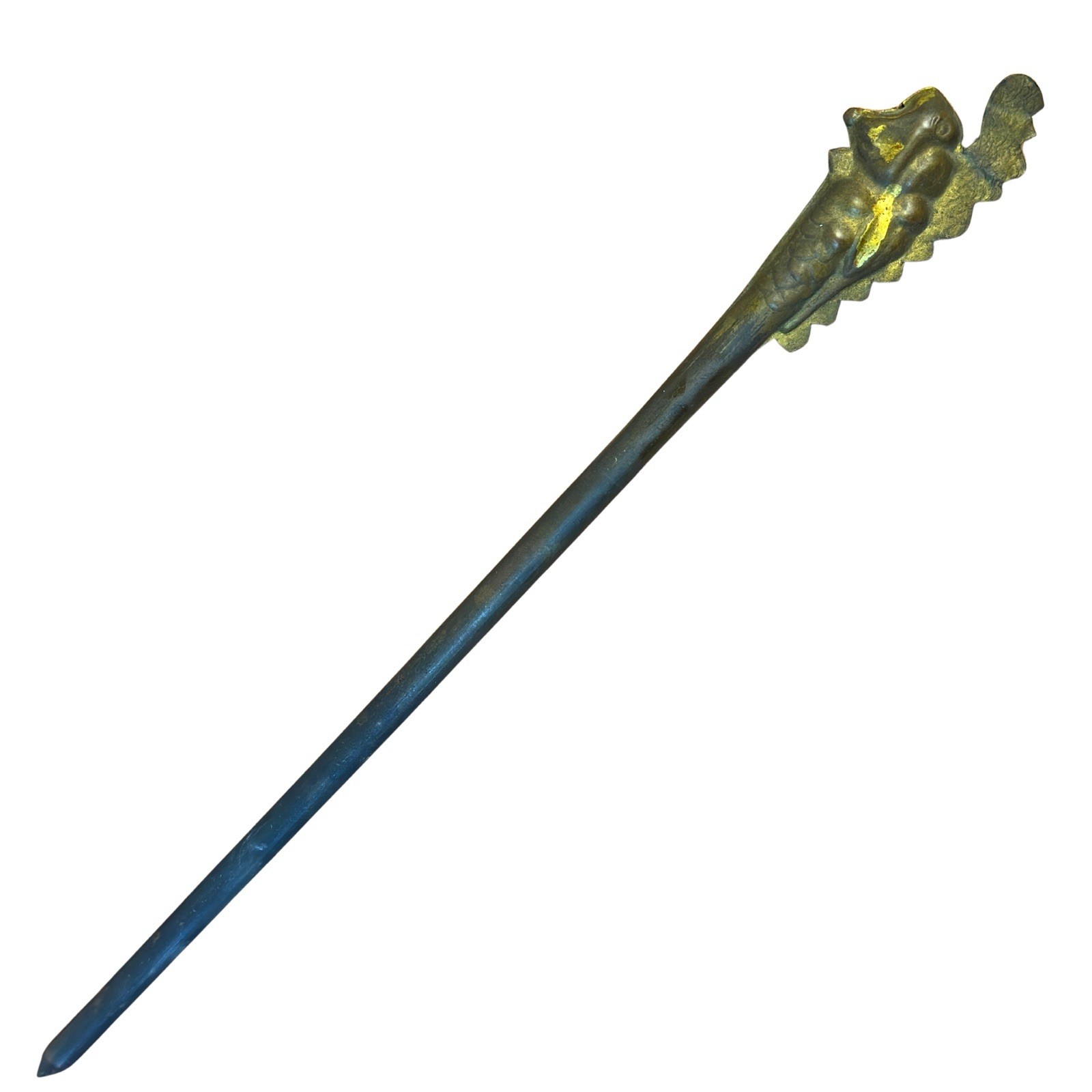 Korean Binyeo Dragon -Form Hairpin Joseon Style Gilt Bronze 13″ Weight 1.5 oz