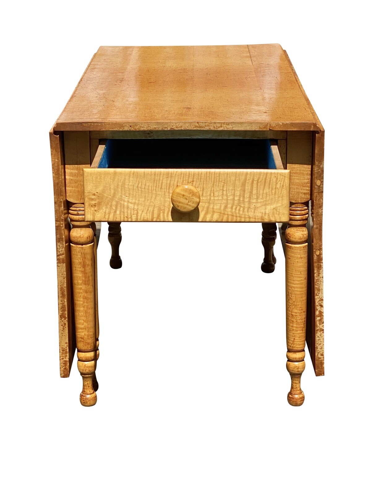 FEDERAL STYLE TIGER MAPLE GATELEG DINING TABLE WITH BOLD GRAIN AND LARGE DRAWER