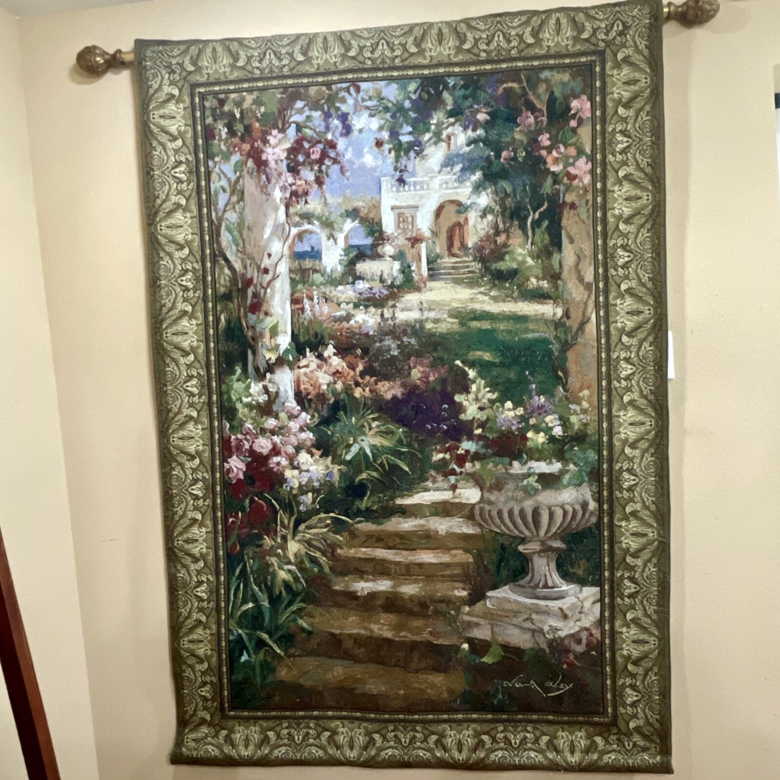 Large Stunning French Tapestry Tapestry With Rod “W” 54 Inches T” 80 Inches