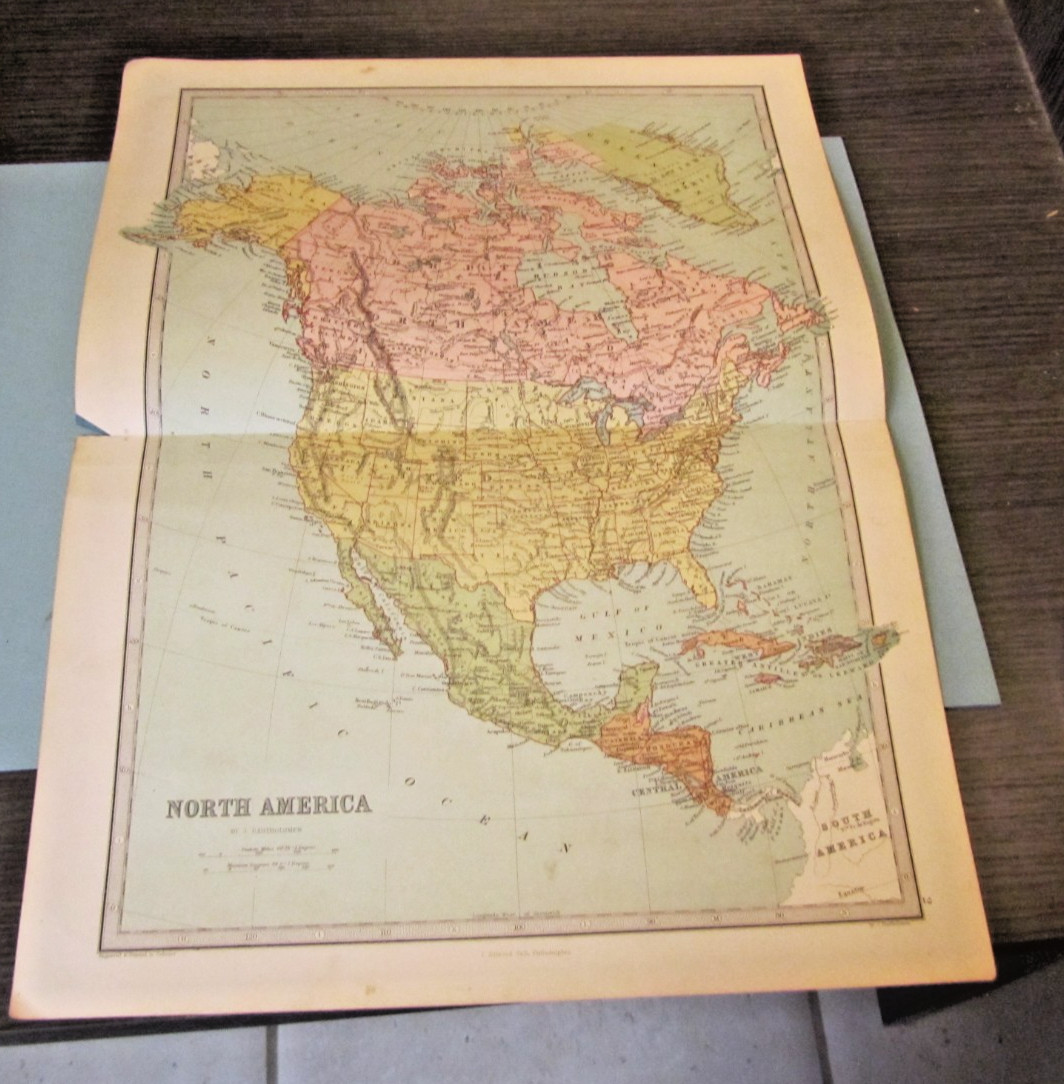 1873 Bartholomew North America Map Alaska Greenland Canada US Mexico Cuba Color