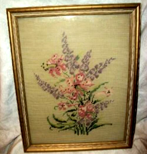 1940s Floral Needlepoint Cottagecore Unique Soft Muted Framed Antique Vintage