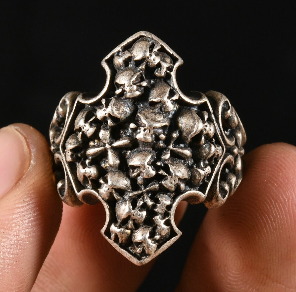 2.7CM Antique Tibet Old Silver Fengshui Skull Human Skull Head Ring Finger Ring