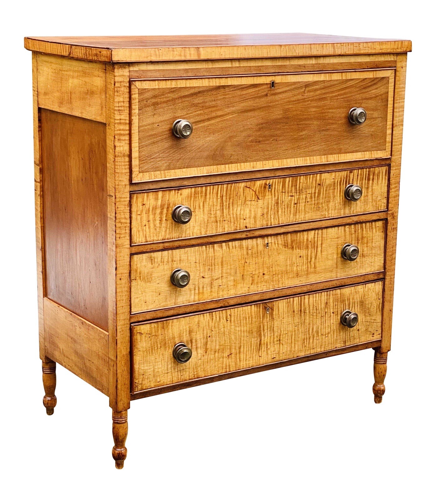 19TH C ANTIQUE PENNSYLVANIA SHERATON TIGER MAPLE & WALNUT BUTLERS DESK
