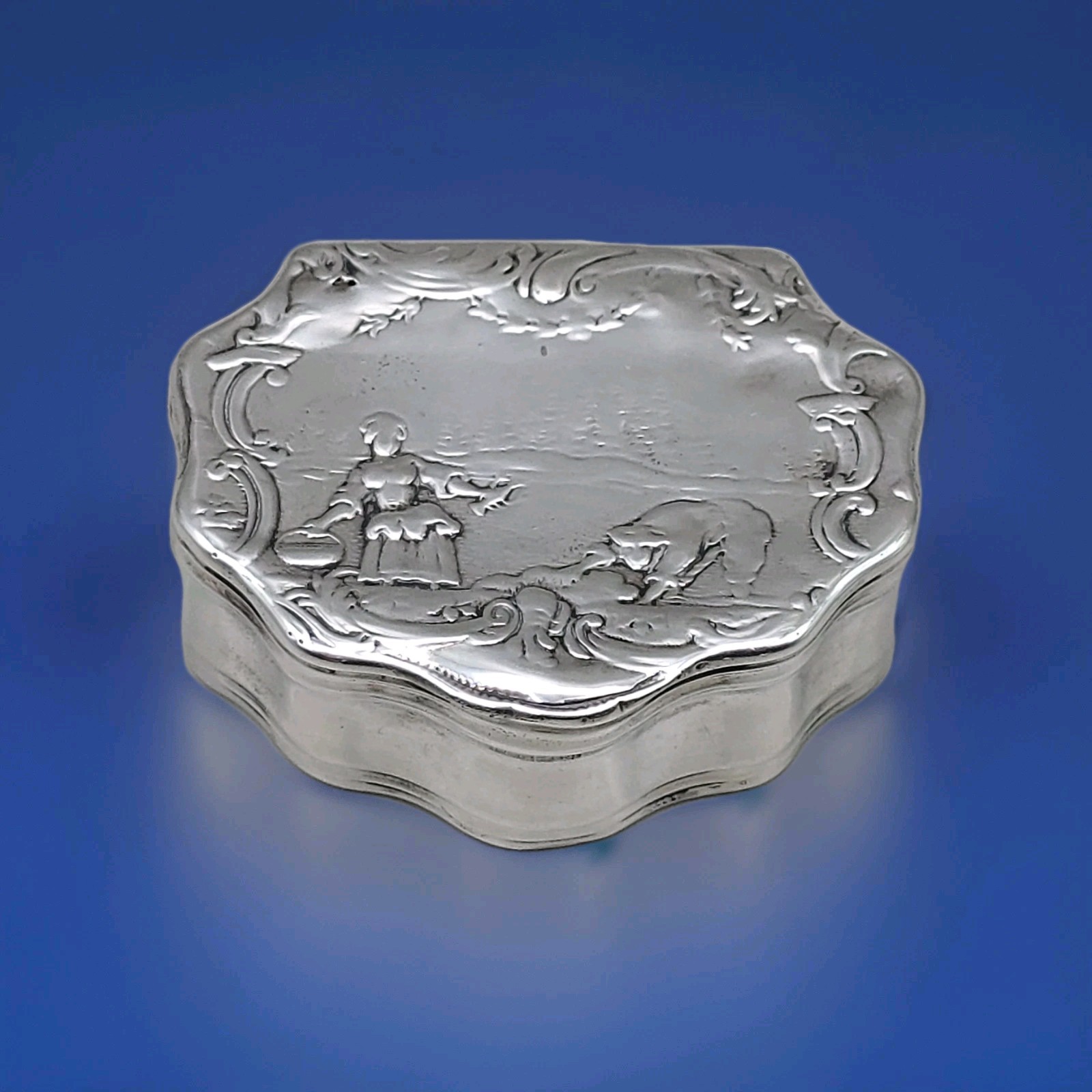 Antique Sterling Silver Scenic Repoussé Patch/Trinket Box Gilt Interior