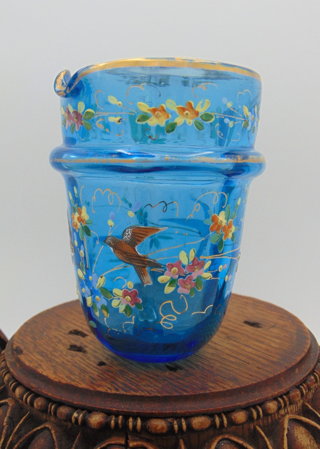 Antique Victorian Blue Topaz Hand Painted Floral Birds Art Glass Creamer Beaker