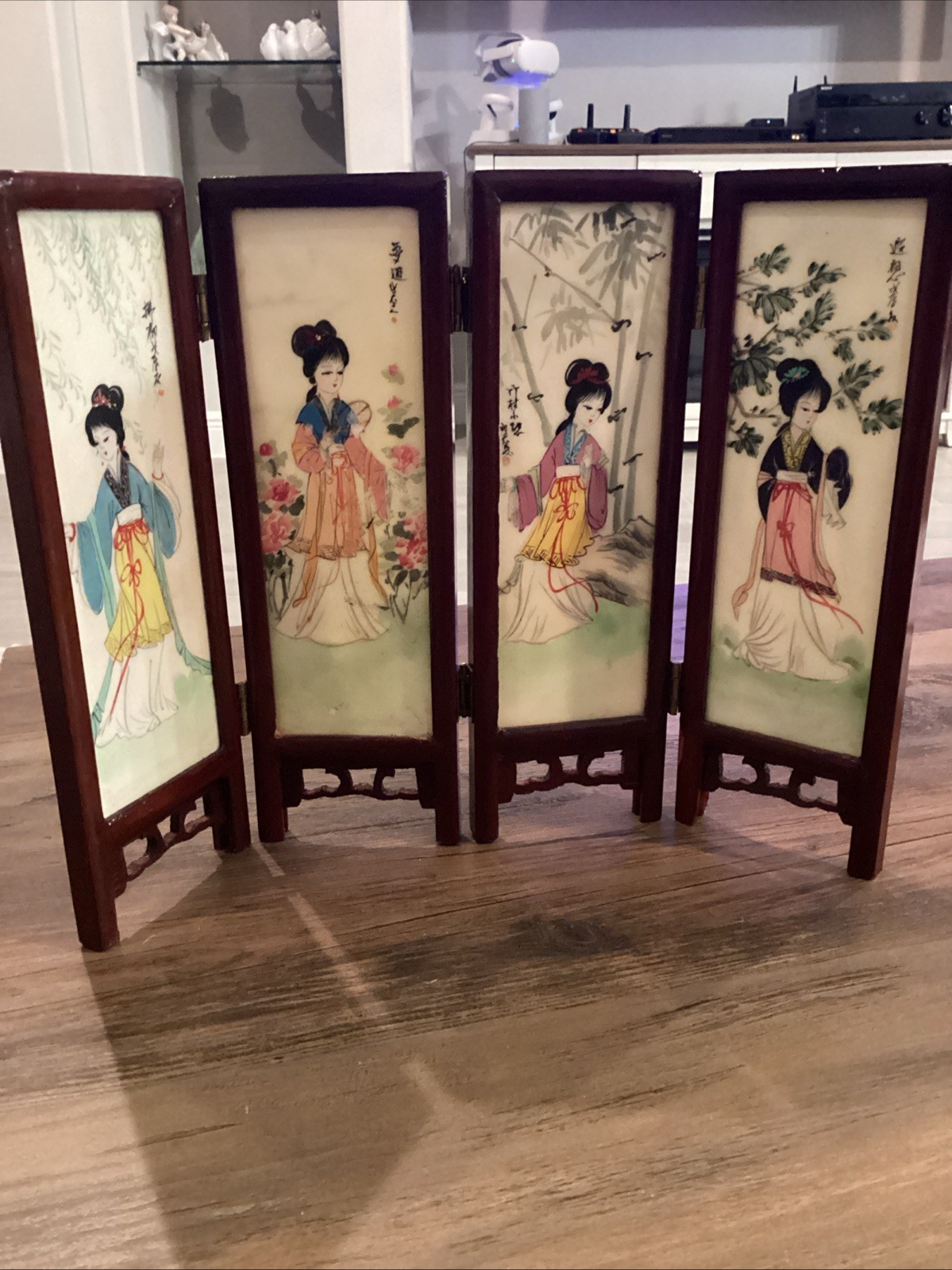 Antique Chinese 4-Panel Folding Table Top Divider Screen.