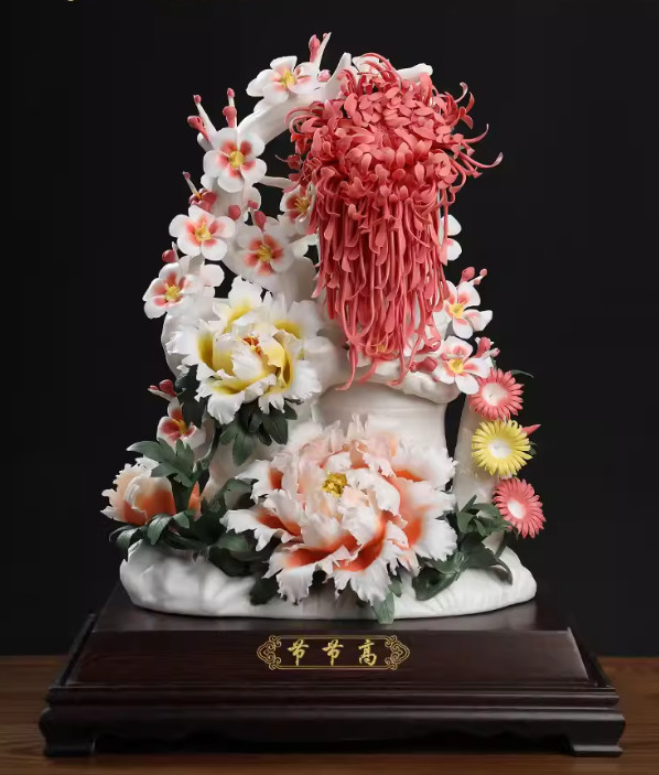 China Dehua Color Porcelain Peony Flower Plum Tree Chrysanthemum Bamboo Statue