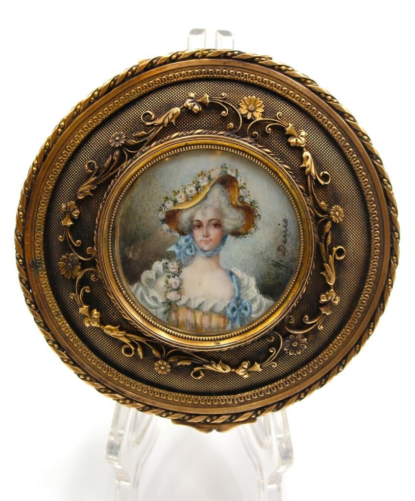 1890s French Gilt Bronze Round Dresser Box w/ Miniature Portrait Signed H. Denis