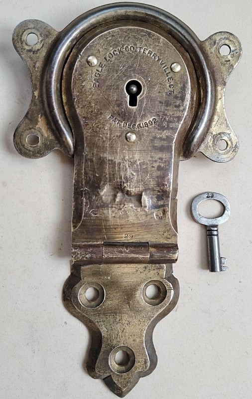 ANTIQUE EAGLE TRUNK LOCK & KEY, Solid Brass, 1892 Vintage Chest Hardware Parts