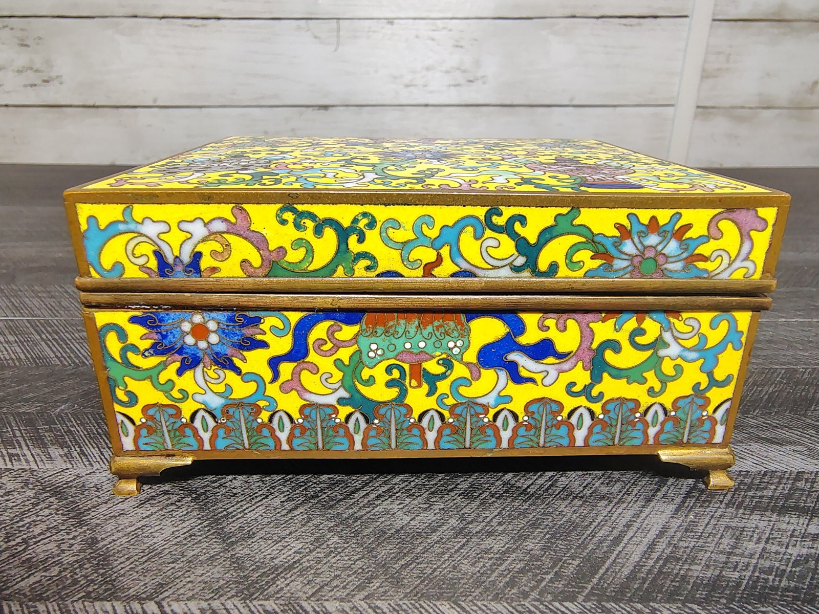 Antique Chinese Republic Yellow Canton Enamel Hinged Brass Trinket Jewelry Box