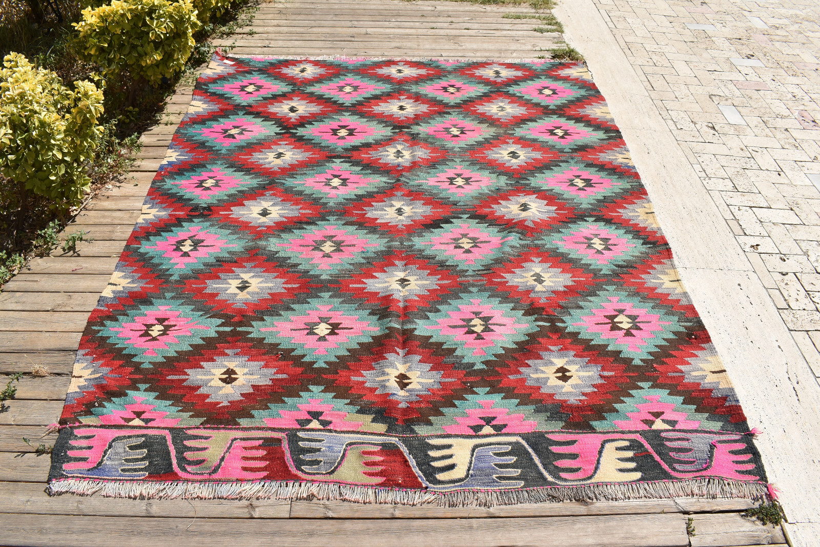 Turkish Kilim 6×8 Size Handwoven Wool Zigzag Pattern Vintage Pink Rug 200x255cm
