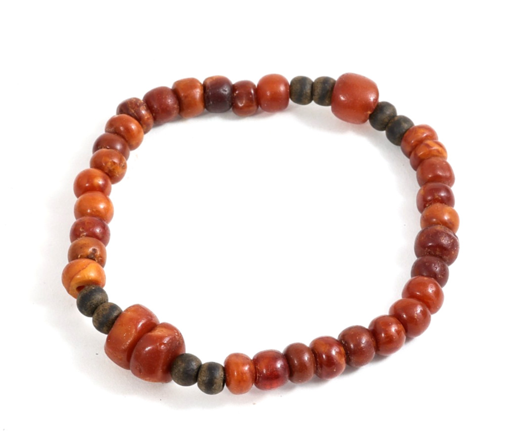 Antique Old Tibetan Amber (Beeswax) Bracelet with Agarwood Beads, Old Patina